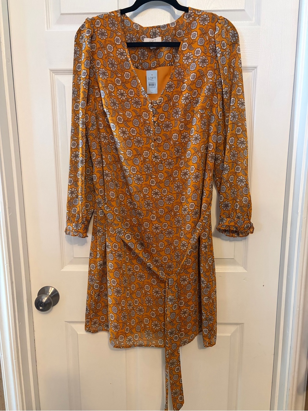 LOFT Mustard Floral Long Sleeve Tie-Waist Dress